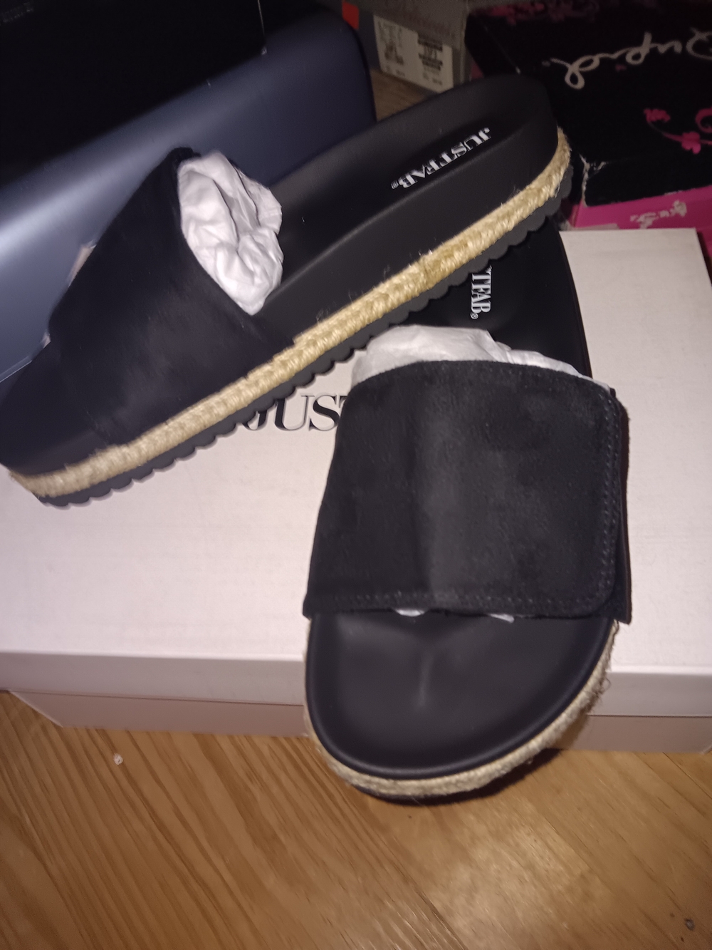 JustFab Black Slide Sandals with Espadrille Rope Trim